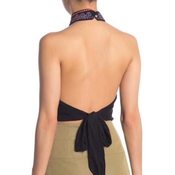 Free People Goa Black Embroidered High Neck Halter Crop Top Size Small NWT - Picture 3 of 3